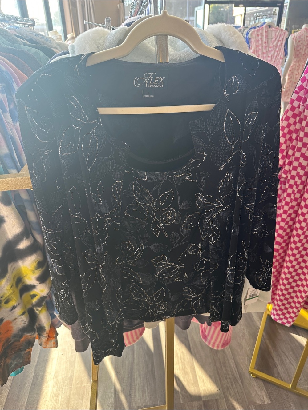 Alex Evenings Black Sparkle Floral Shell & Jacket Set